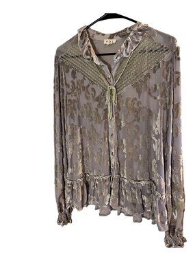 POL Grey Sheer Velvet Lace Yoke Blouse  Balloon Sleeves & Ruffle Hem L Bohemian